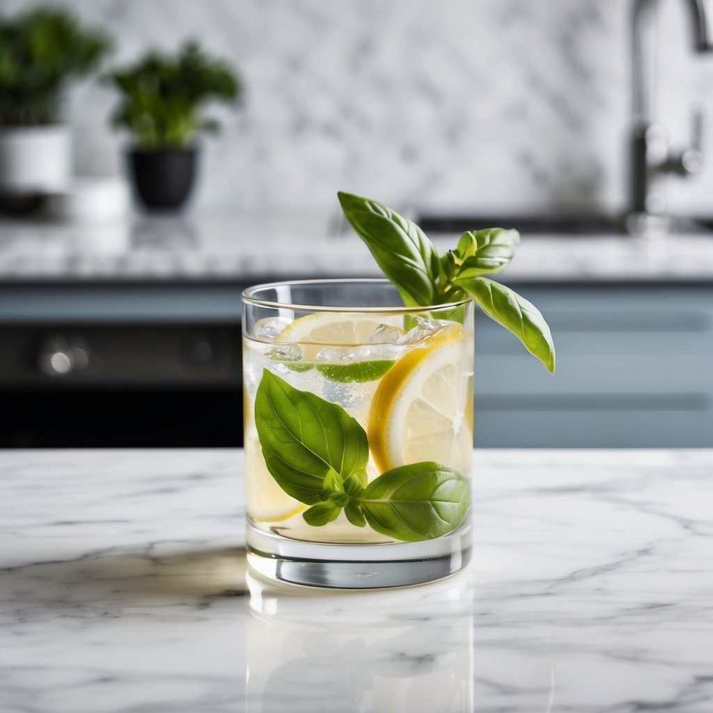 Glass of lemon and basil infused water on marble countertop