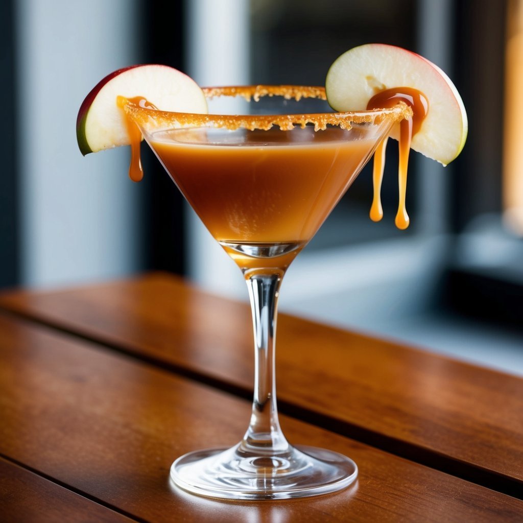 Caramel apple martini with apple slices and caramel dripping down the glass