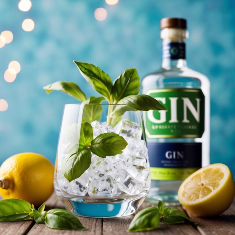 Gin cocktail with basil, ice, lemon, and a bottle of gin