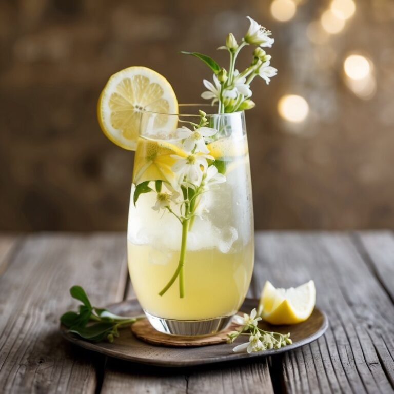 Lemonade with flowers and lemon slice in a glass on a tray