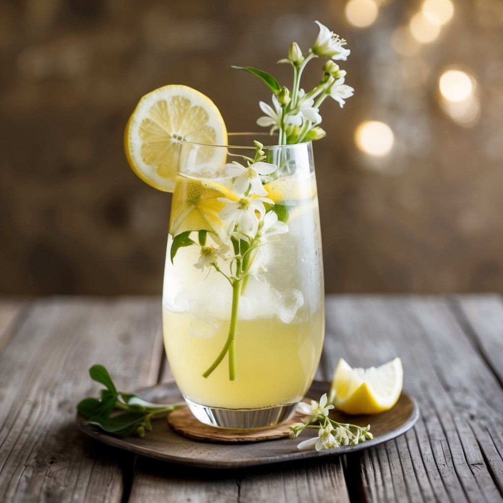 Lemonade with flowers and lemon slice in a glass on a tray