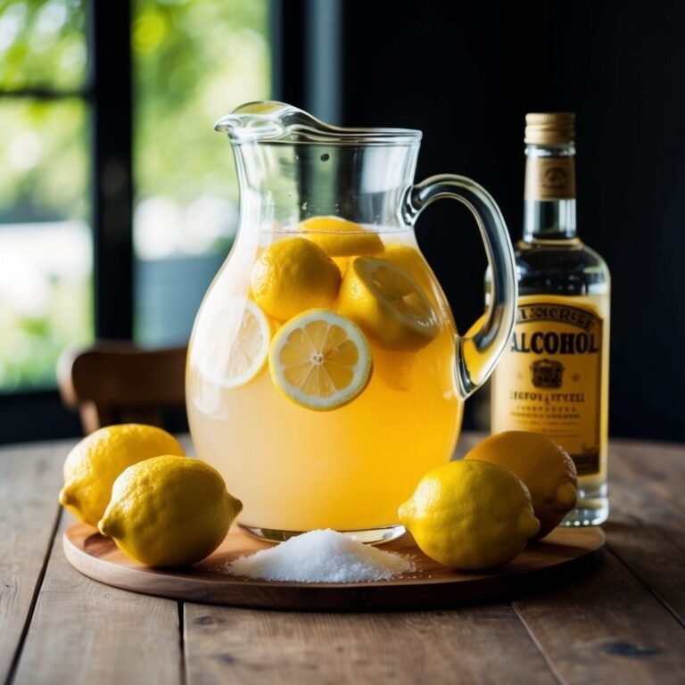 Lemonade pitcher with lemons, sugar, and alcohol bottle on a wooden tray