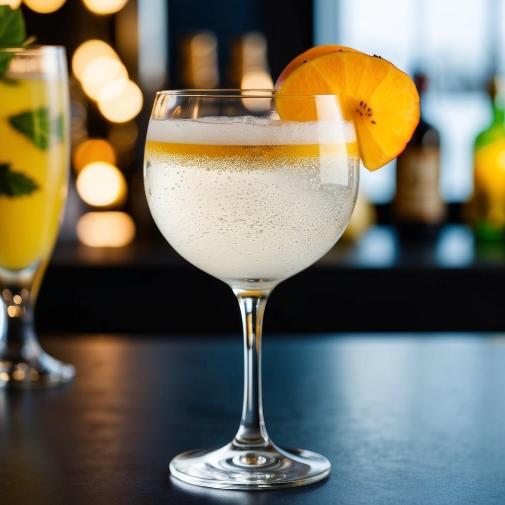 Cocktail in a stemmed glass with orange slice garnish and bubbles