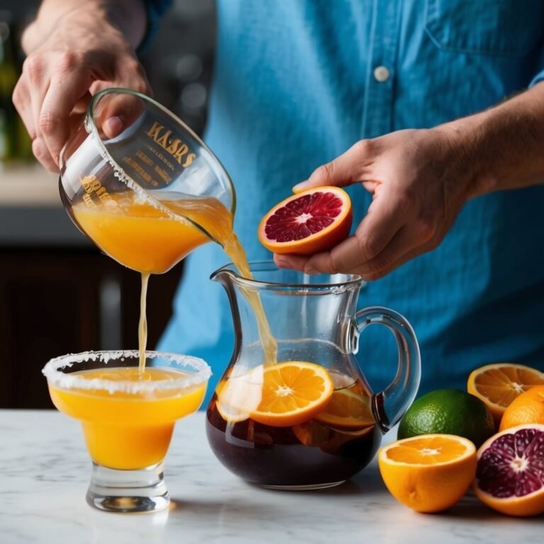 Person pouring orange juice into a pitcher with citrus fruit and a cocktail glass