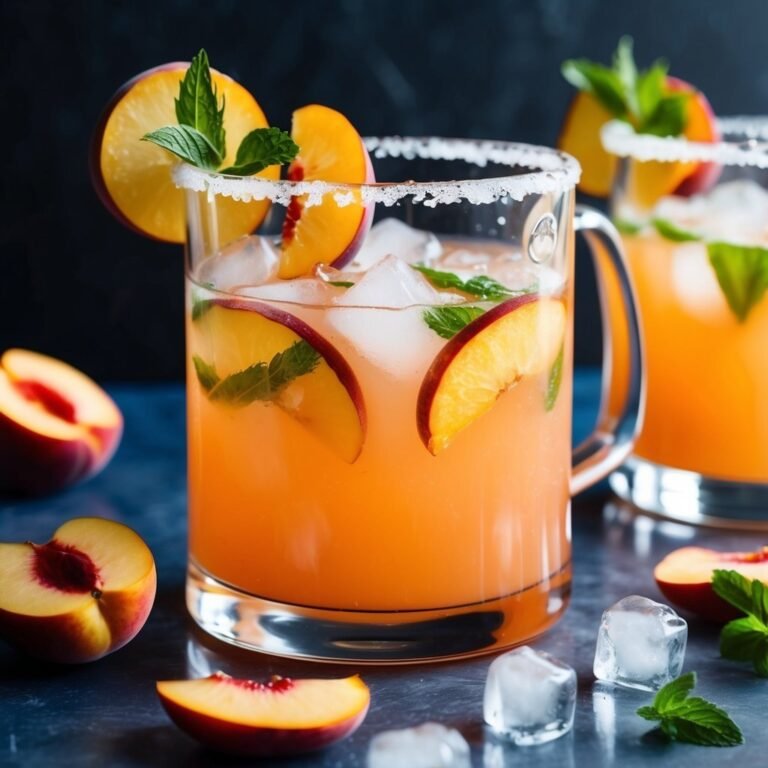 Peach cocktail with ice, mint, and peach slices, garnished with sugar