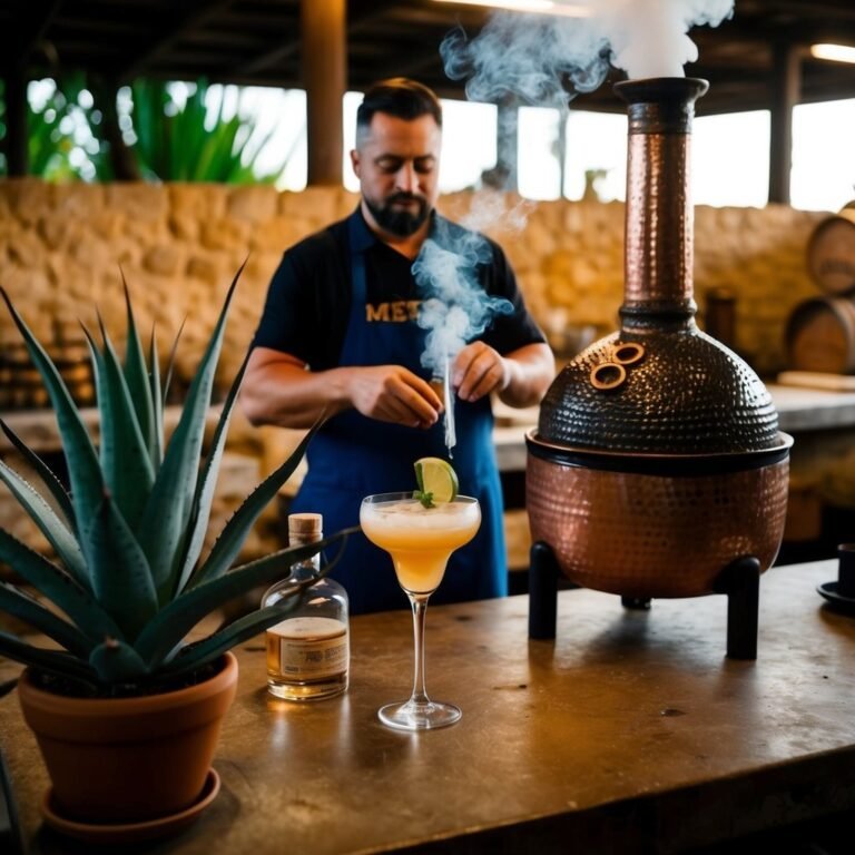 Bartender smoking a cocktail with a copper still and a margarita