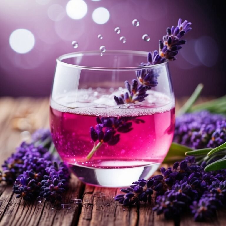 Glass of pink lavender drink with fresh lavender sprigs