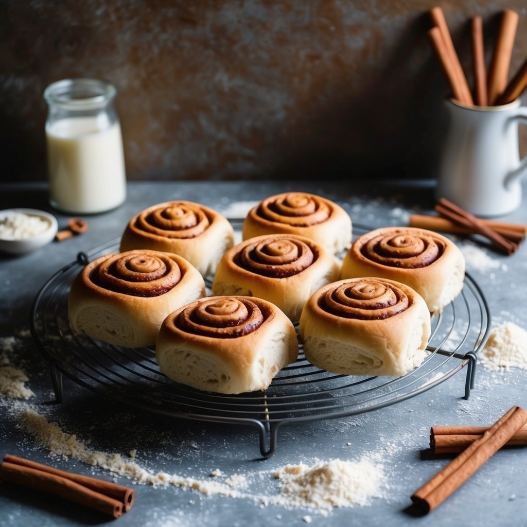 Freshly baked cinnamon rolls on a cooling rack with milk and cinnamon sticks