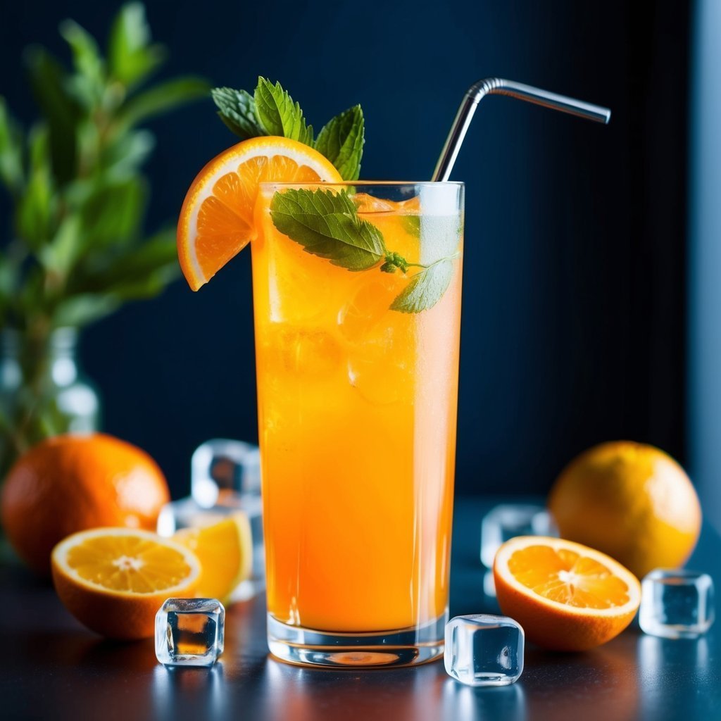 Tall glass of orange juice with ice, orange slice, and mint