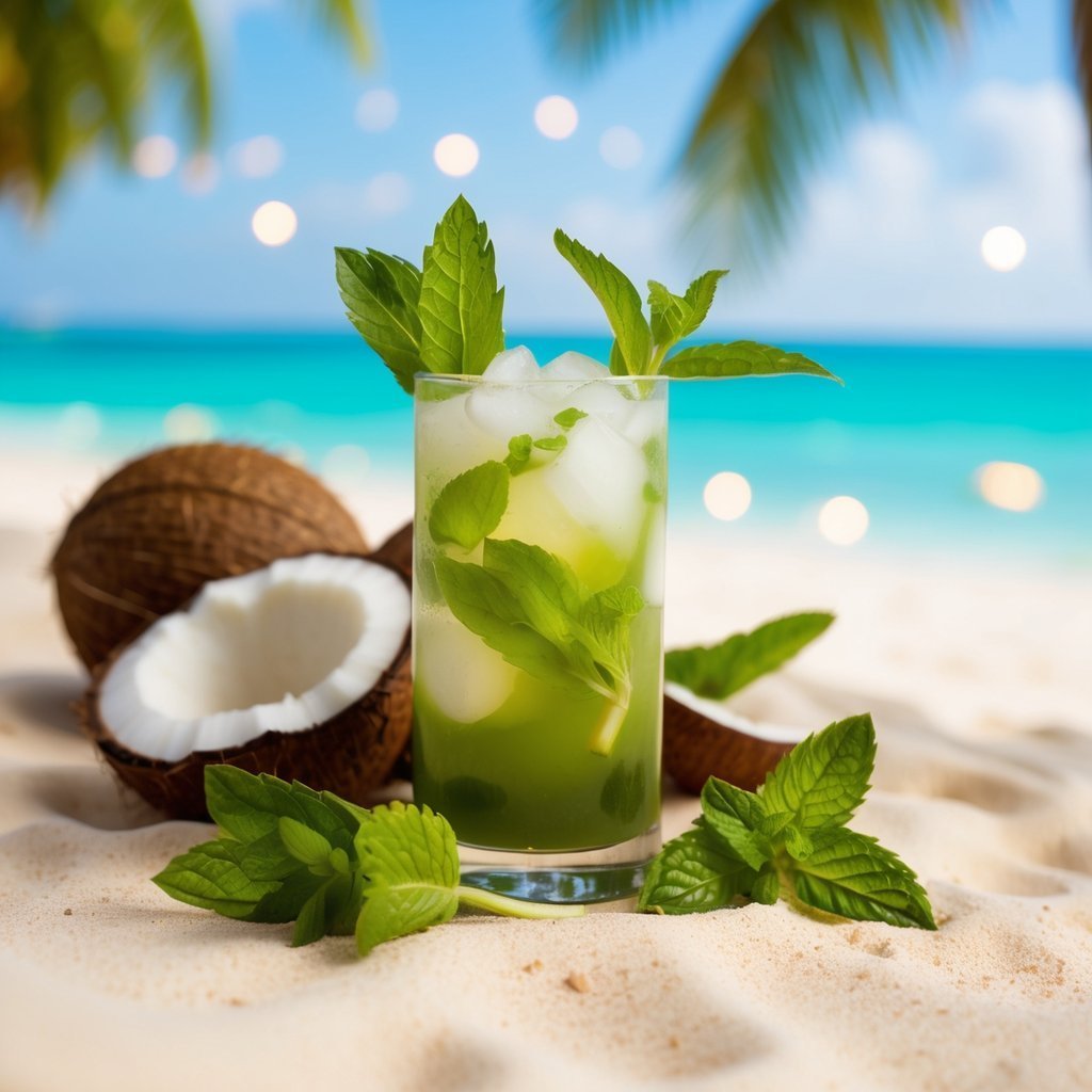 Mojito cocktail with coconuts on a sandy beach, ocean background