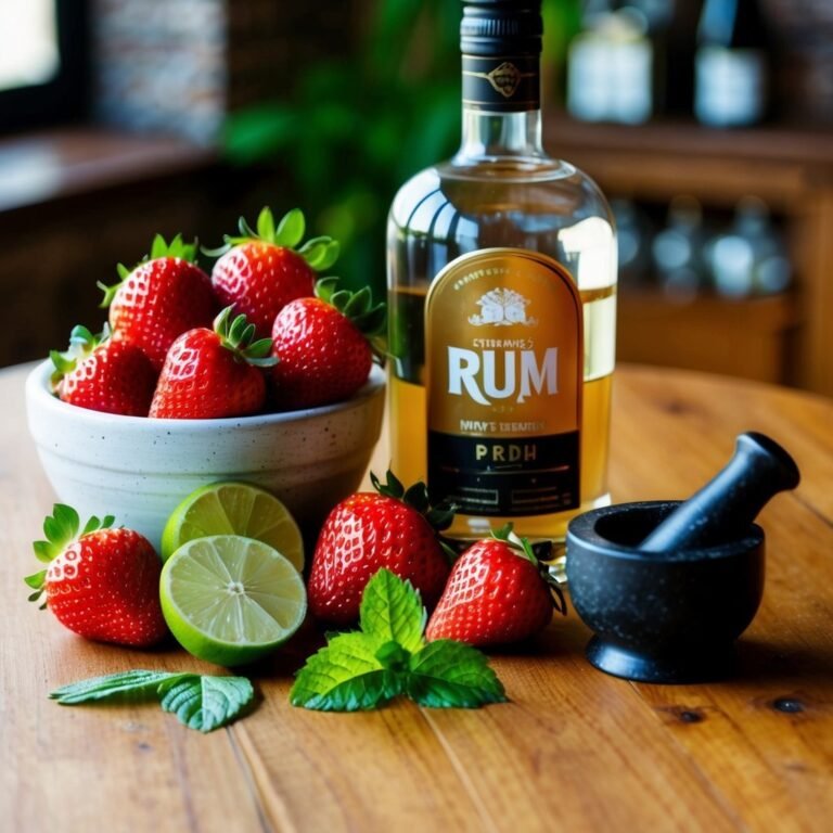 Strawberries, rum, limes, and mint on a wooden table with a mortar