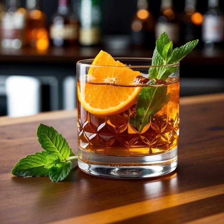 Cocktail with orange slice and mint on a wooden bar