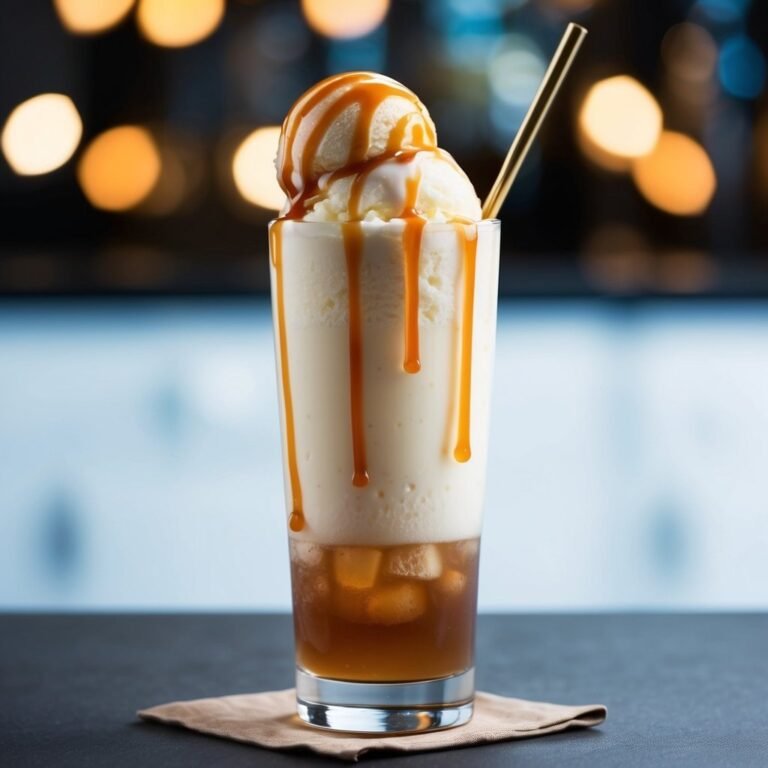 Ice cream float with caramel drizzle and a gold straw