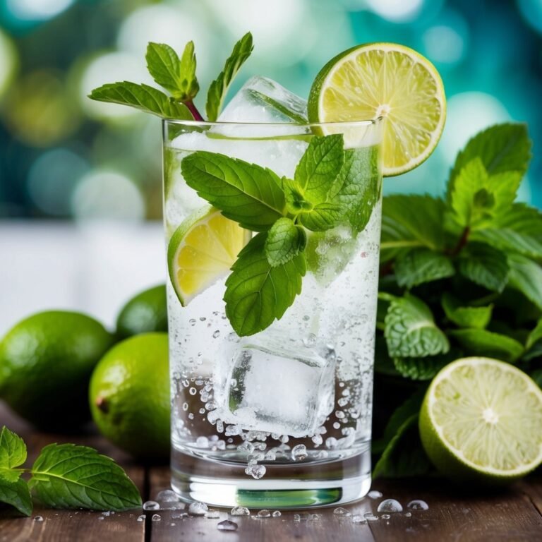 Refreshing mojito with lime, mint, and ice in a glass on a wooden table