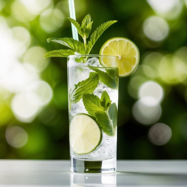 Mojito cocktail with lime, mint, ice, and straw, against a green background