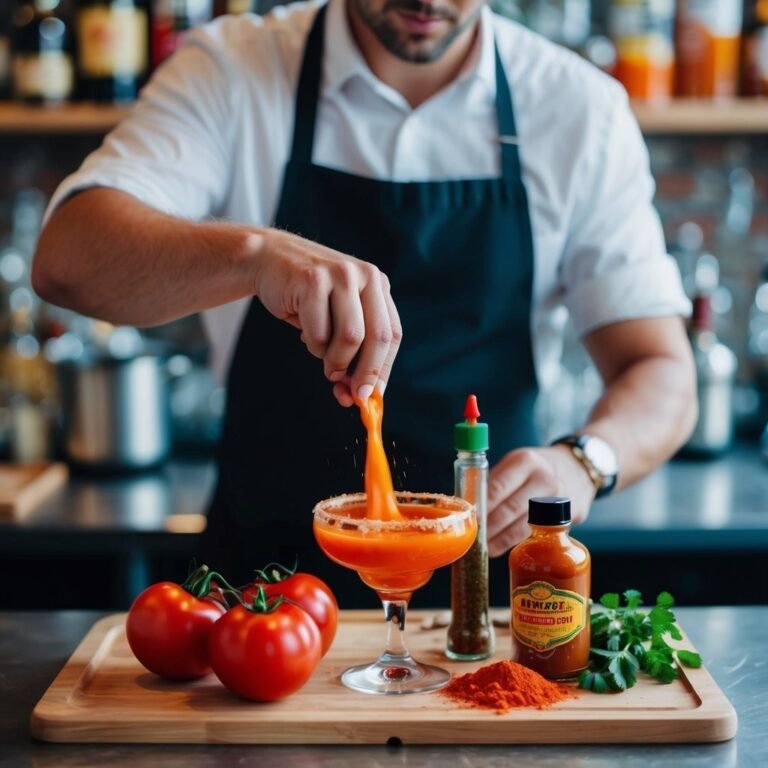Bartender pouring a tomato-based cocktail, with fresh tomatoes and spices on a tray