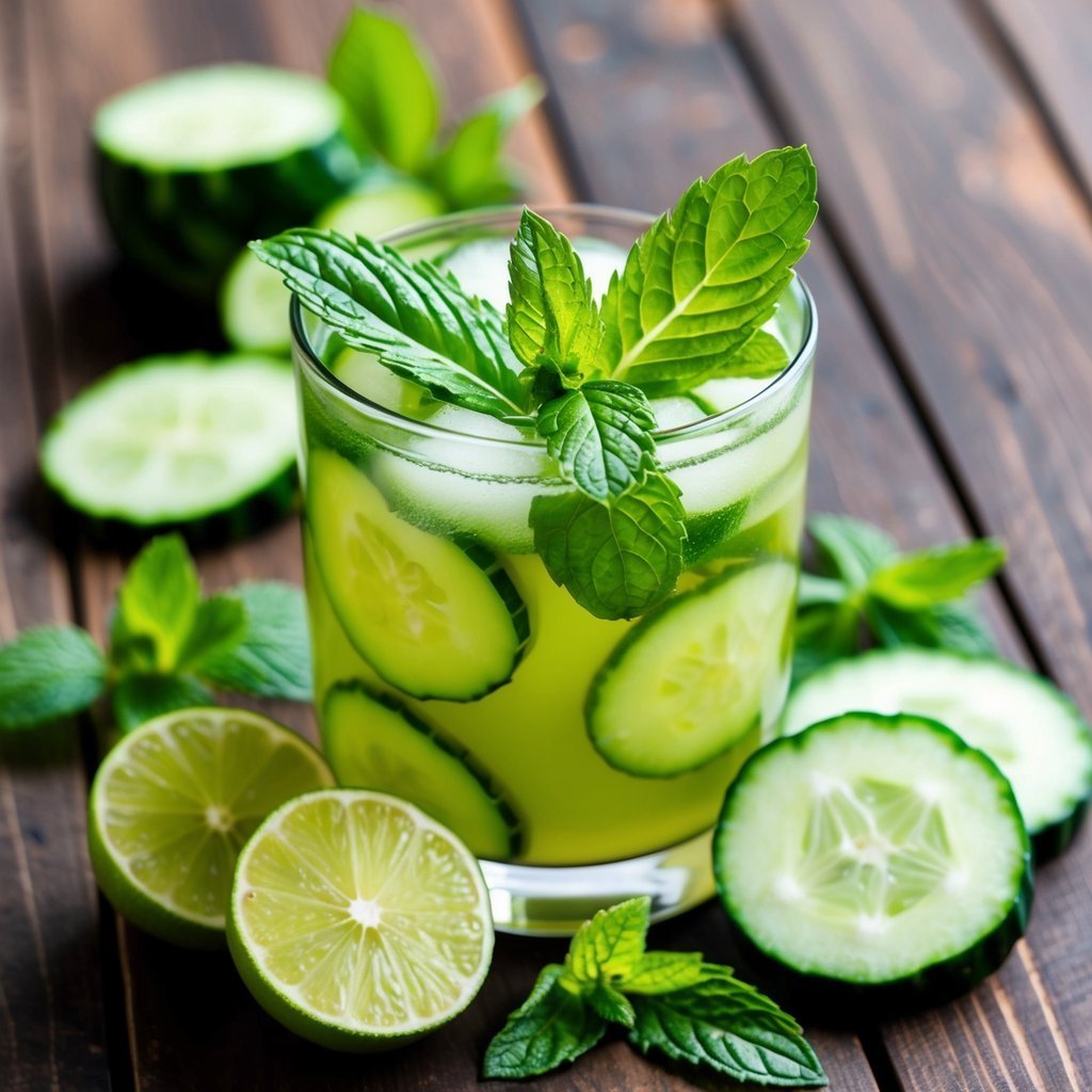 Cucumber and mint infused drink with lime on a wooden table