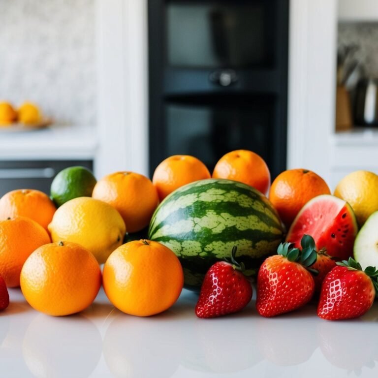 Assortment of fresh fruit including watermelon, oranges, strawberries, and lemons on a counter