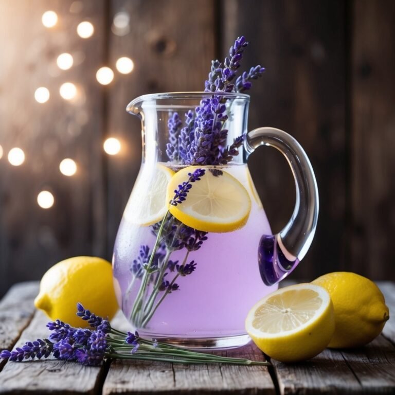 Lavender lemonade in a glass pitcher with lemons and lavender sprigs