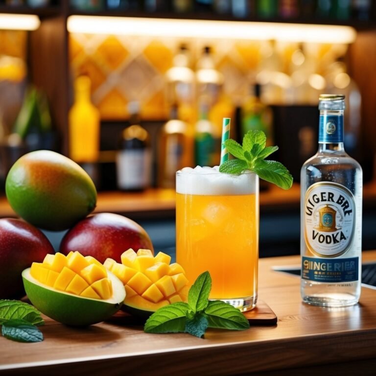 Mango cocktail with mint, mangoes, and a bottle of vodka on a bar