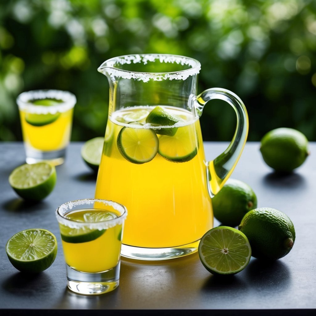 Pitcher and glasses of yellow drink with limes, salt rims, and limes