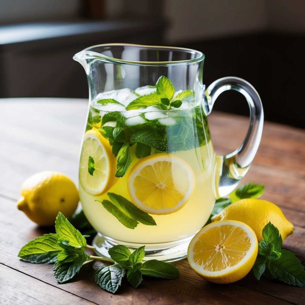 Lemonade pitcher with lemons, mint, and ice on a wooden table