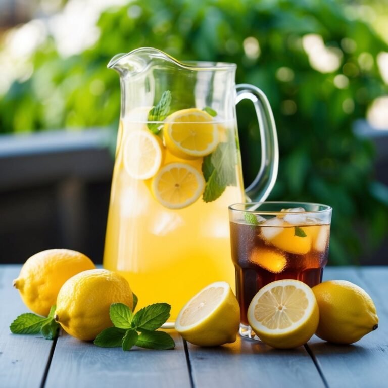 Lemonade pitcher and glass with lemons and mint on a wooden table