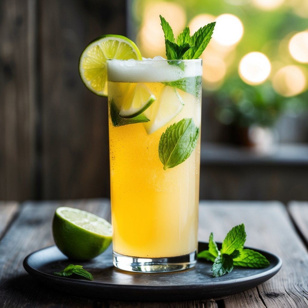 Tall glass of refreshing drink with lime and mint