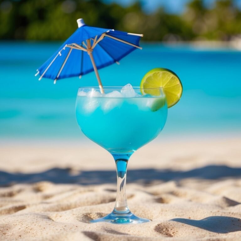 Blue cocktail with lime and umbrella on a sandy beach