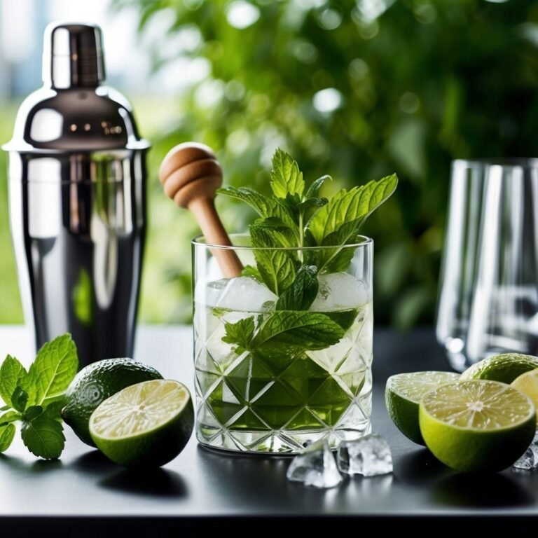 Mojito cocktail with mint, limes, ice, shaker, and muddler on a table