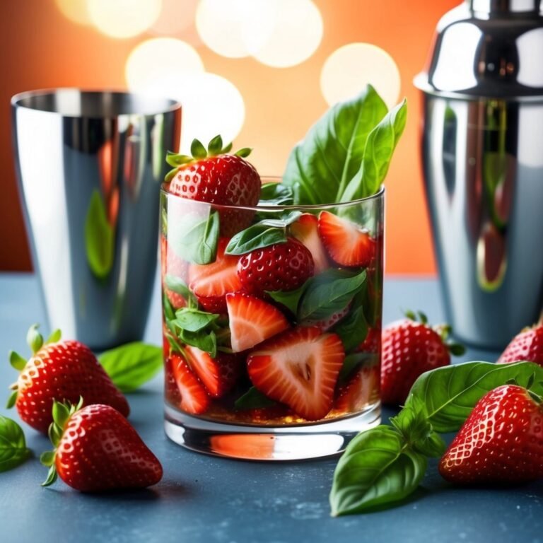 Strawberry and basil cocktail in a glass with cocktail shakers
