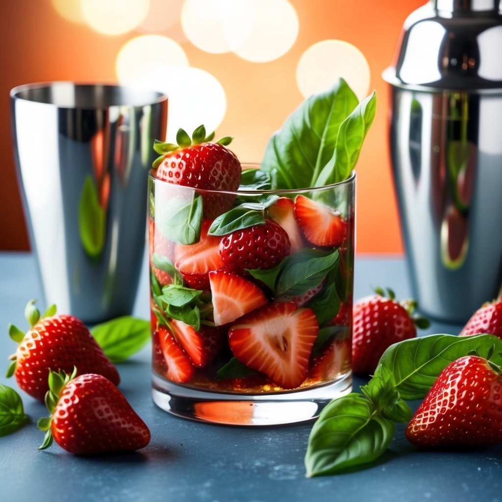 Strawberry and basil cocktail in a glass with cocktail shakers