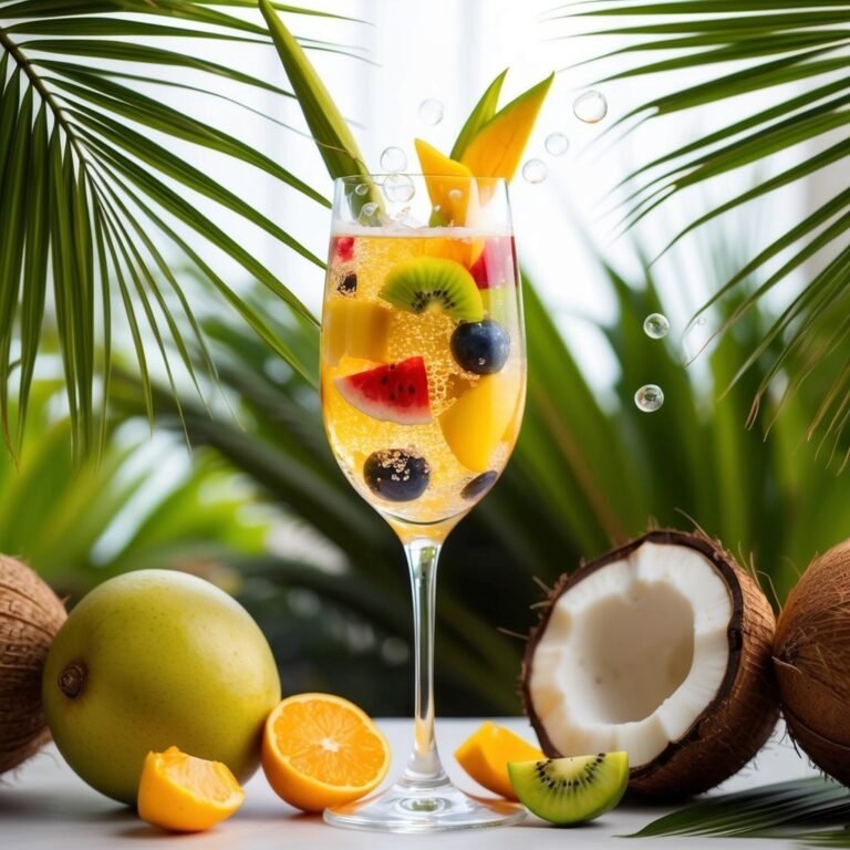 Champagne cocktail with fruit slices, surrounded by coconuts and tropical foliage