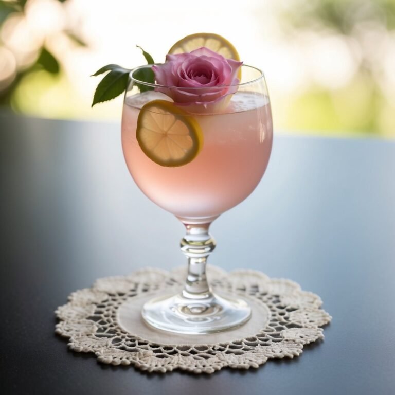 Pink cocktail in a glass, garnished with rose and lemon slices