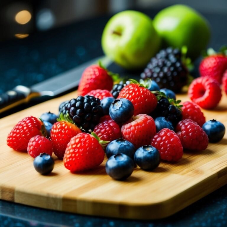 Assortment of fresh berries on a wooden cutting board with green apples