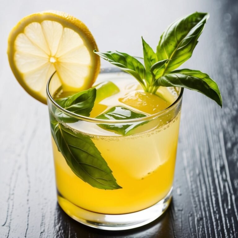Yellow cocktail with lemon slice and basil leaves in a glass