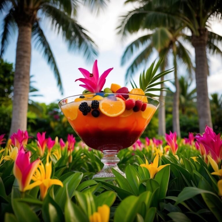Large fruit punch bowl with flowers, palm trees, and colorful flowers