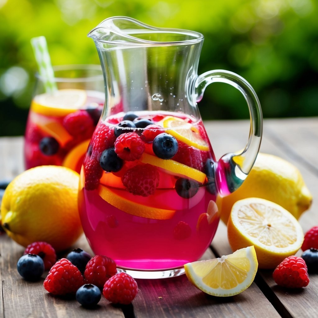 Pitcher of pink fruit-infused drink with lemons, raspberries, and blueberries
