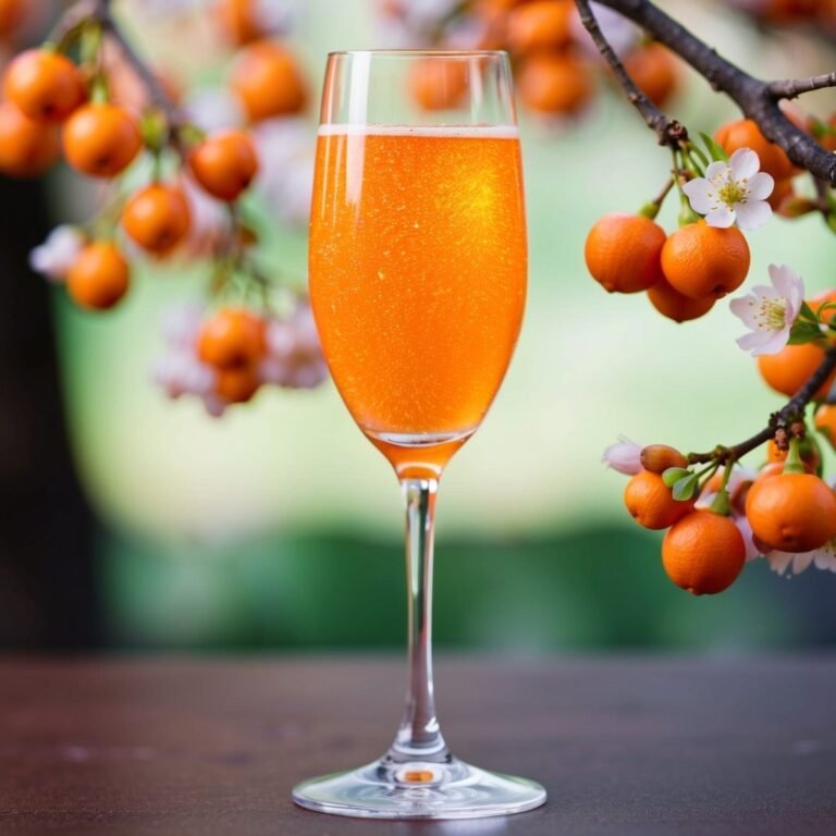 Champagne flute filled with orange drink, surrounded by orange fruit branches