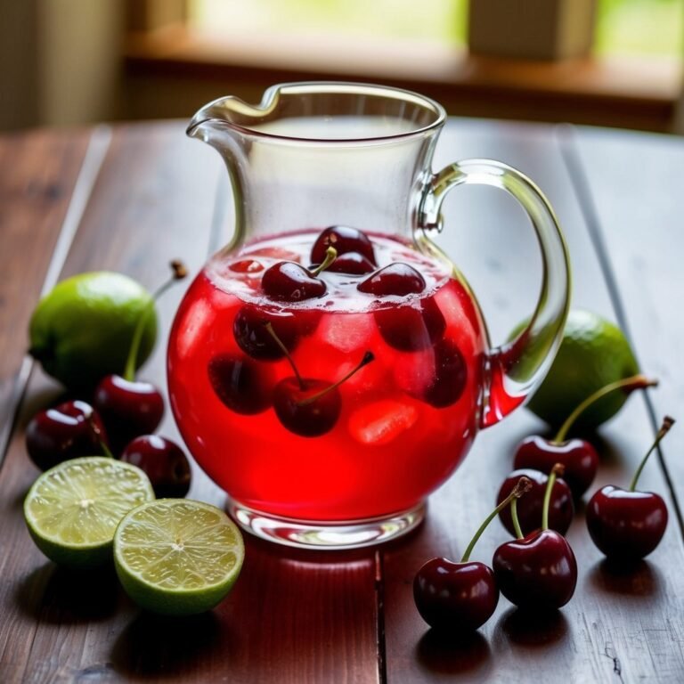 Pitcher of cherry juice with cherries and limes on a wooden table