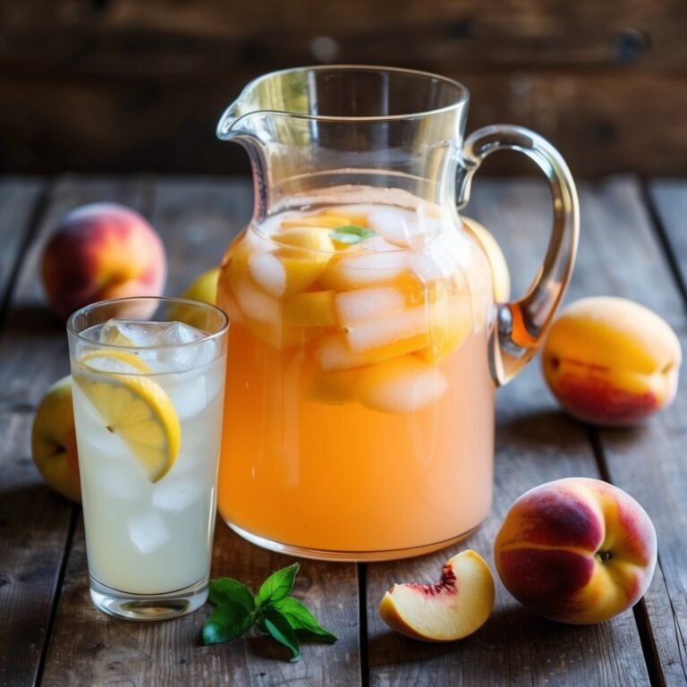Peach lemonade in a pitcher and glass with fresh peaches