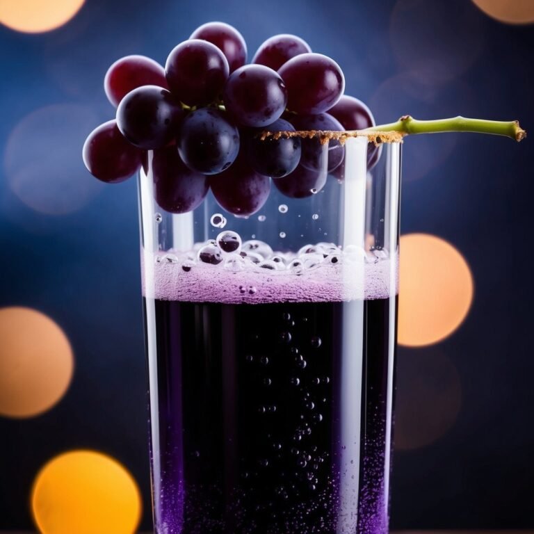 Sparkling grape juice in a glass, garnished with a bunch of grapes