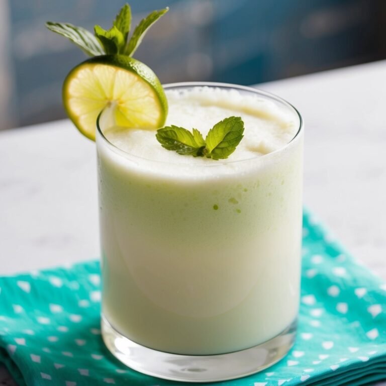 Lime and mint smoothie in a glass, garnished with lime and mint