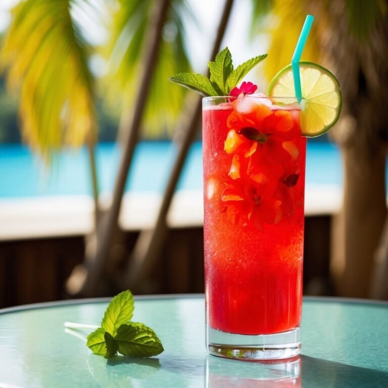 Tropical cocktail with flowers, lime, and mint on a table near the beach