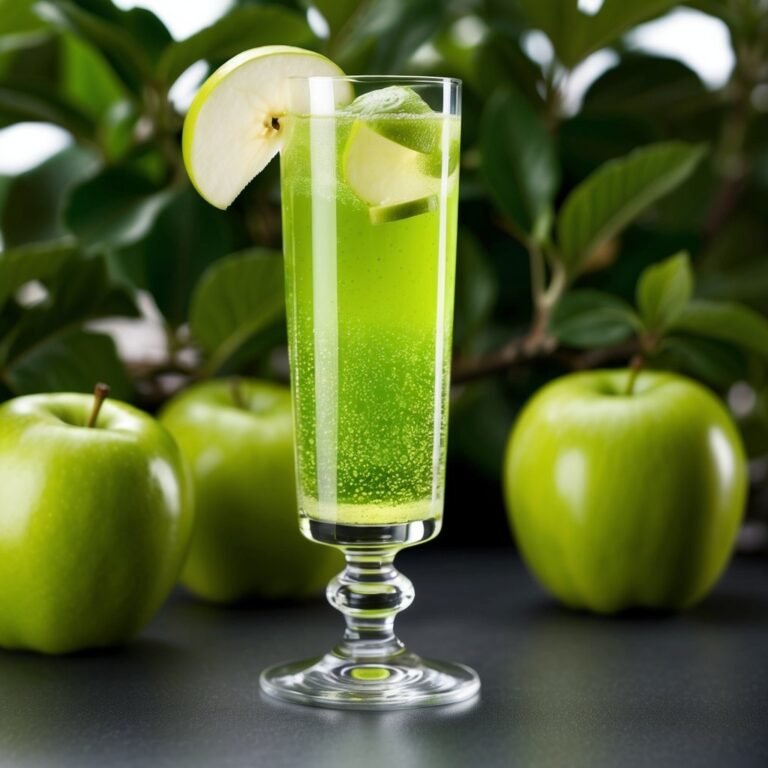 Green apple cocktail in a glass with apple slices and apples