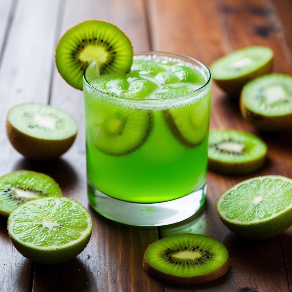 Kiwi cocktail with kiwi slices on a wooden table