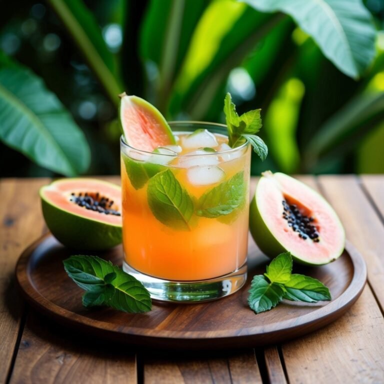 Papaya cocktail with mint and ice, served with papaya halves on a tray