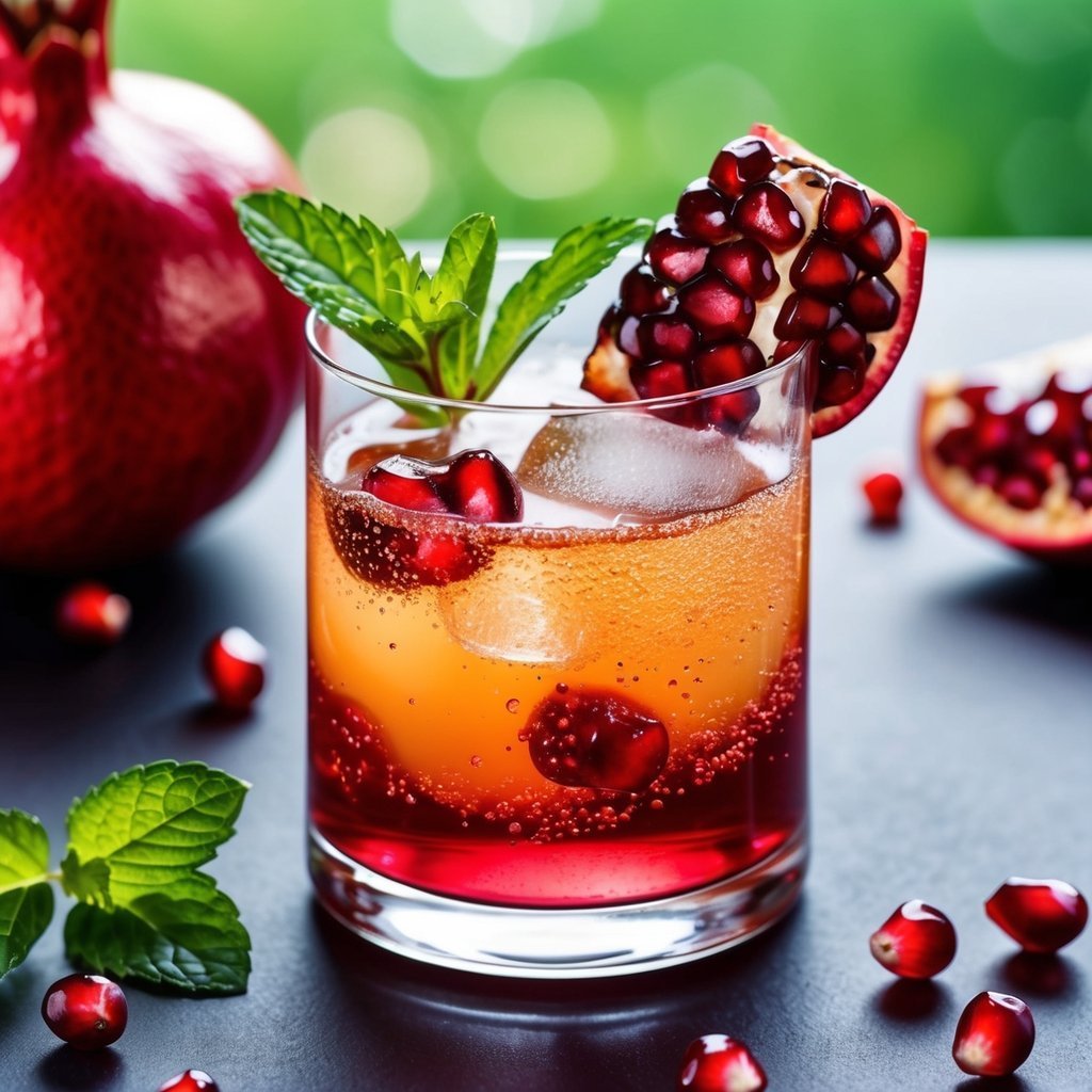 Pomegranate cocktail with mint garnish, ice, and pomegranate seeds