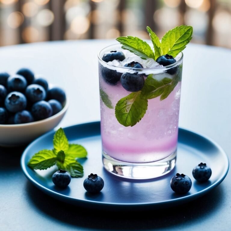 Blueberry cocktail with mint garnish, blueberries, and a bowl of blueberries