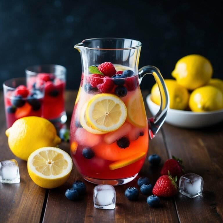 Pitcher of berry lemonade with lemons, ice, and berries